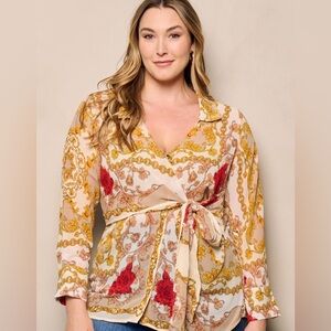 Chic Floral Tie-Front Blouse - Red and Gold